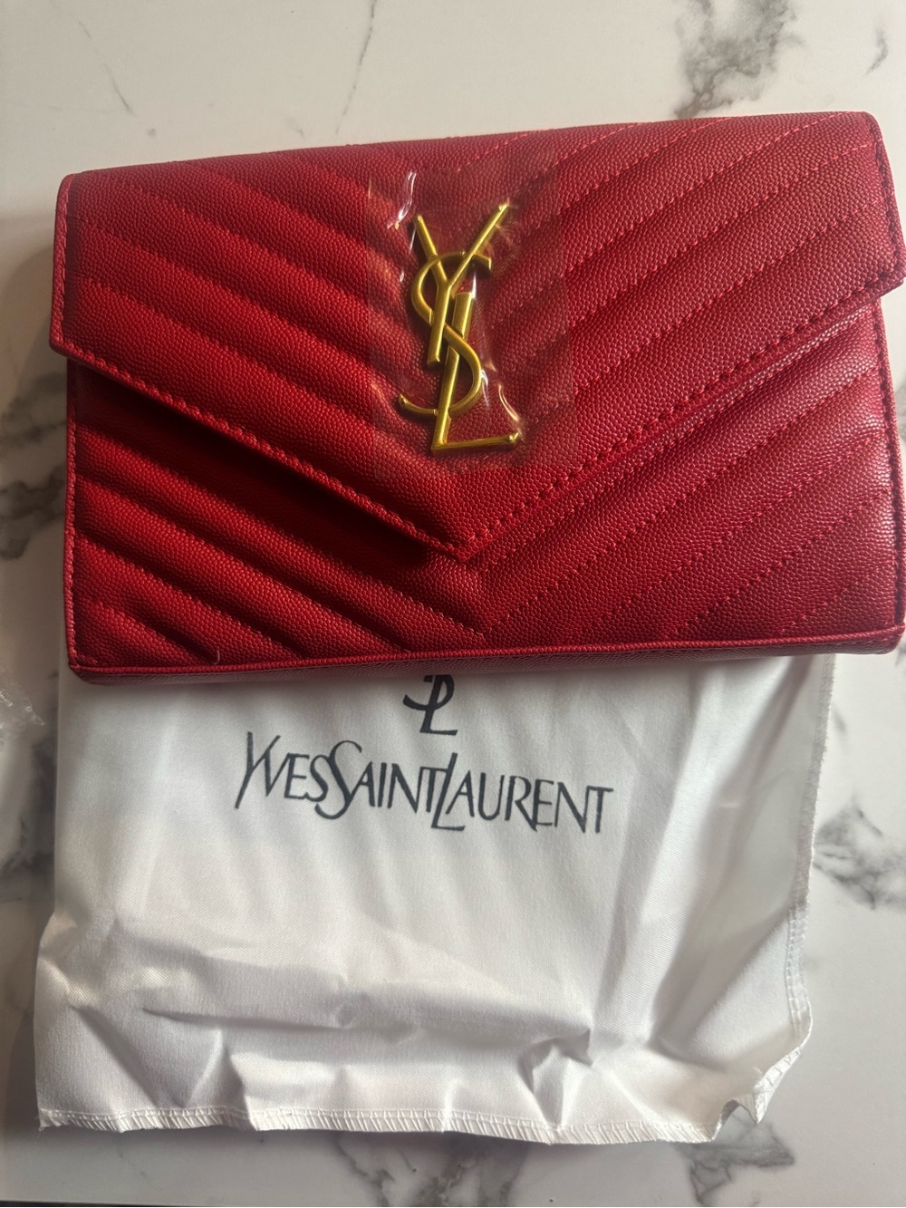 Saint Laurent Red Quilted Envelope Wallet with Gold YSL Logo